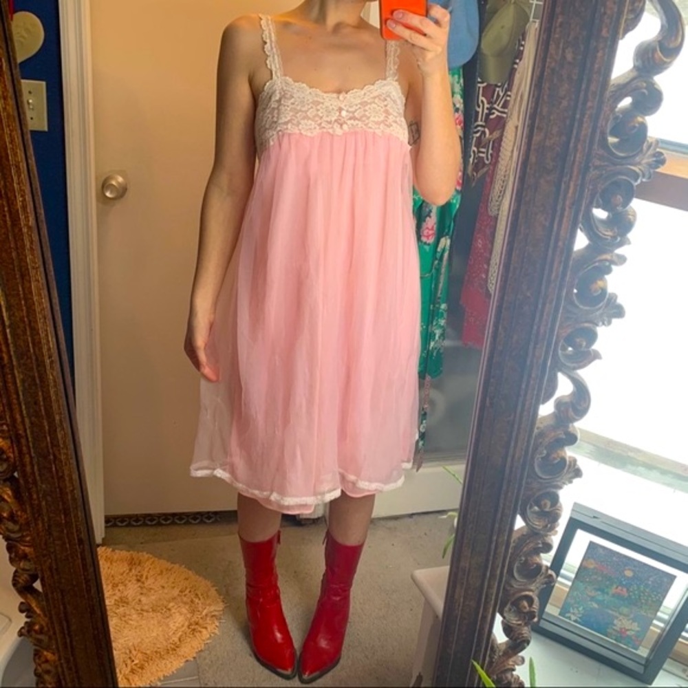 60s Vintage Lace Babydoll Slip Dress Pink White S